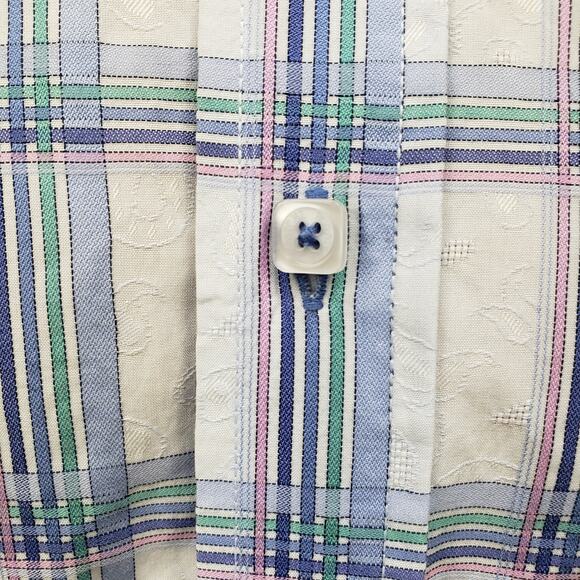 Bugatchi Shirt Short Sleeve Men L Blue Multicolor Plaid & Floral Button Up - Picture 4 of 12